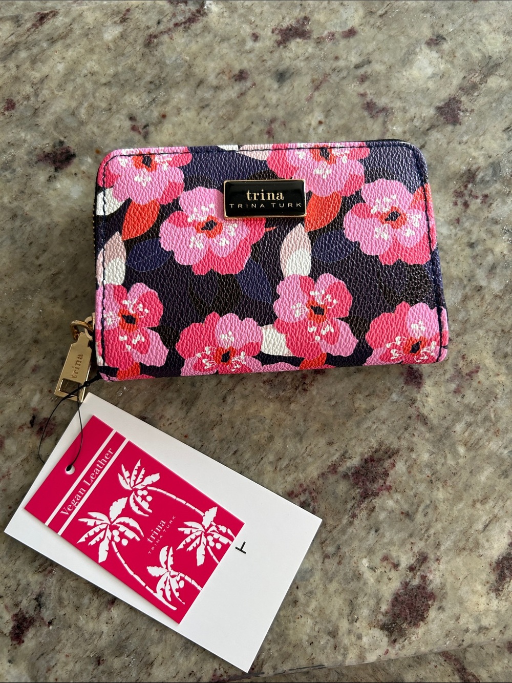 Trina Turk Pink Floral Zip-Around Wallet with Gold Plaque